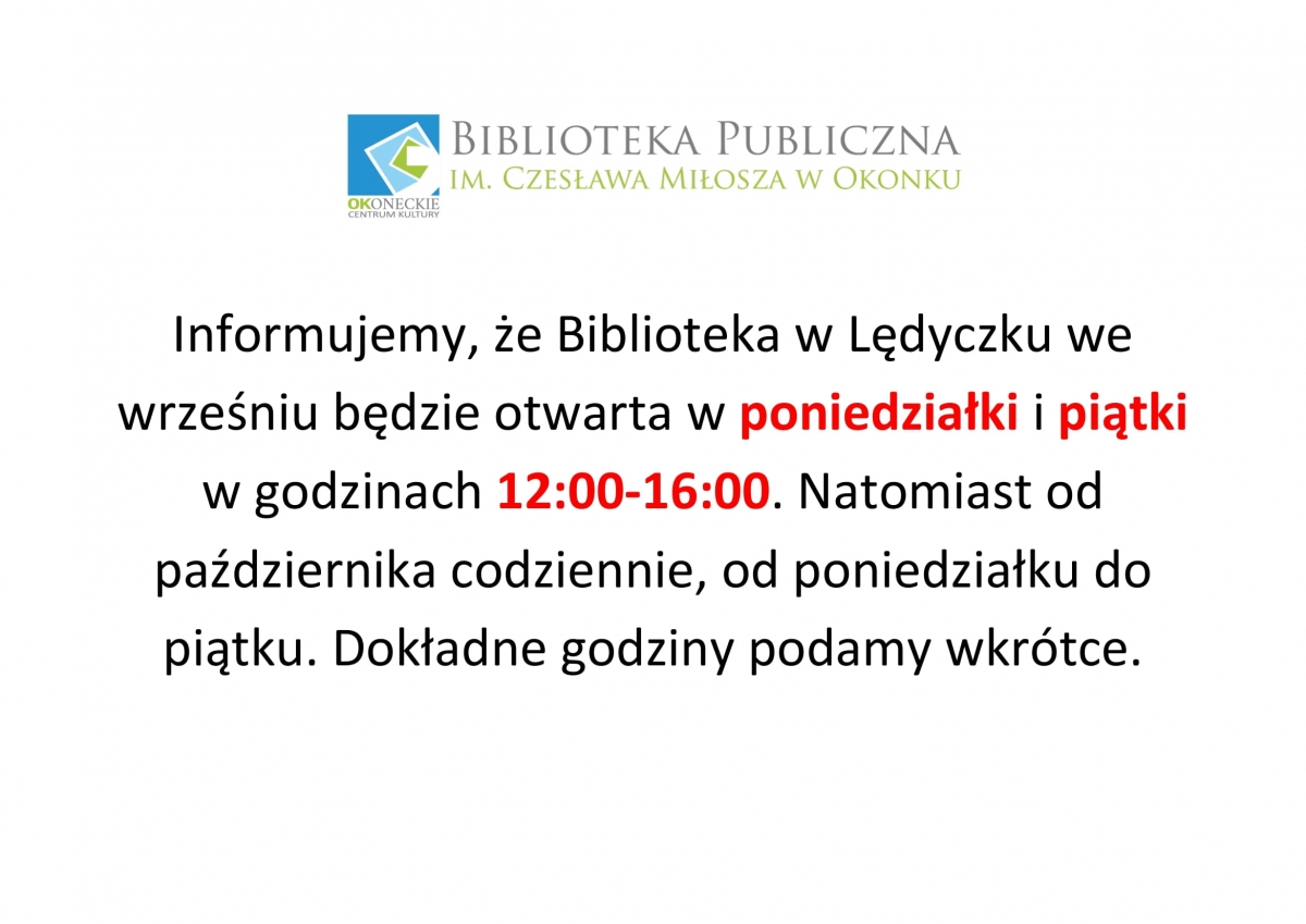 Zmiana godzin otwarcia biblioteki w Lędyczku informacja